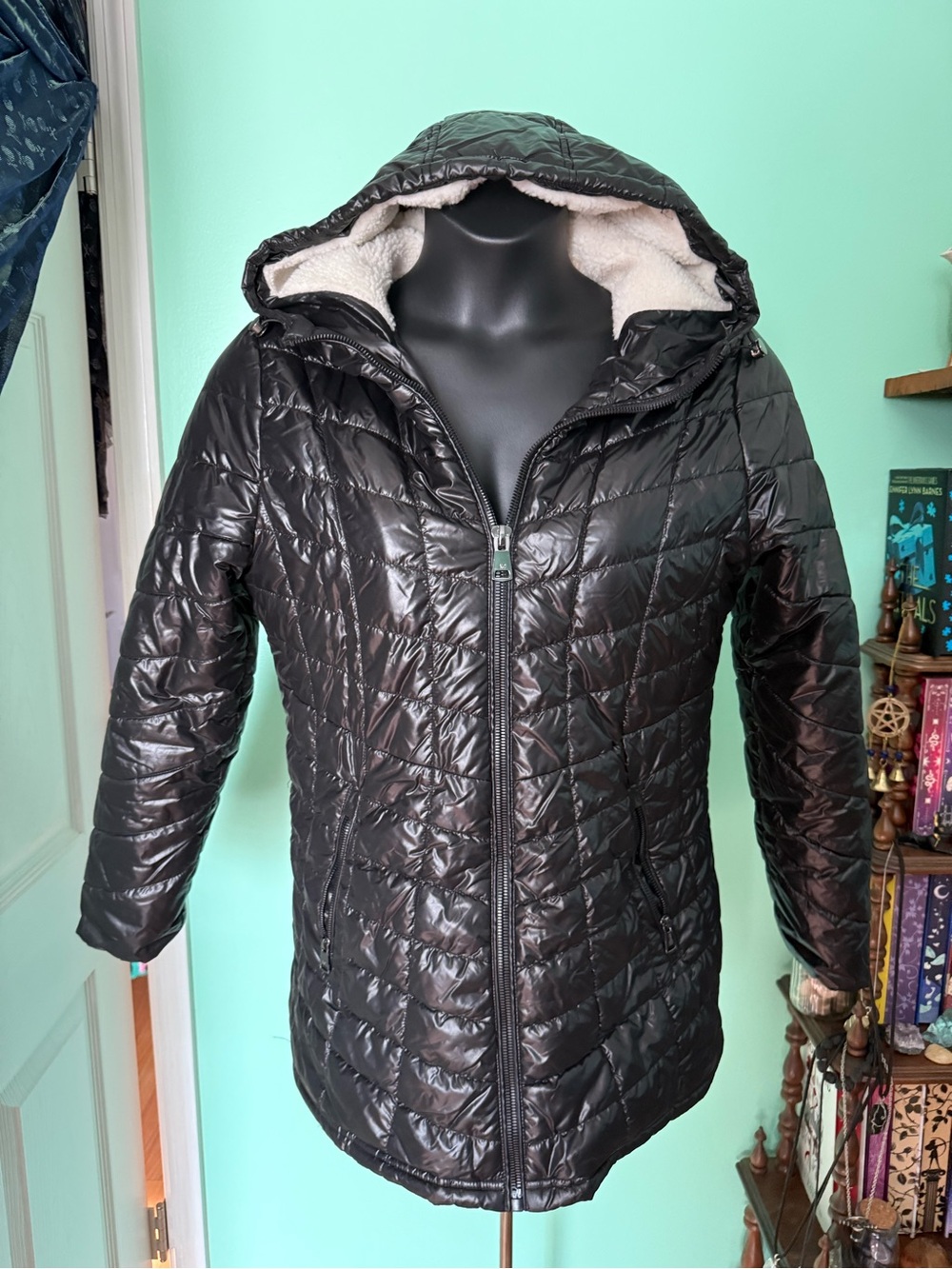 Kenneth Cole Black Quilted Hooded Puffer Coat with Cream Sherpa Lining